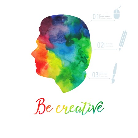 Vector  watercolor human head icon. Watercolor creative concept. Vector concept - creative person. Lettering. quote. Creative artistのイラスト素材