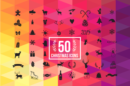 vector christmas icon set, winter silhouette with colorful background  50 iconsのイラスト素材