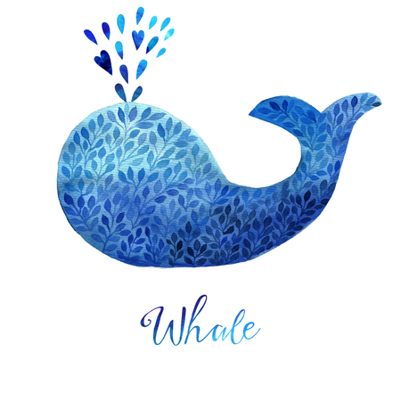 Blue Whale Illustration. Watercolor whale. Vector illustration of watercolor whale, made of blue flower ornamentのイラスト素材