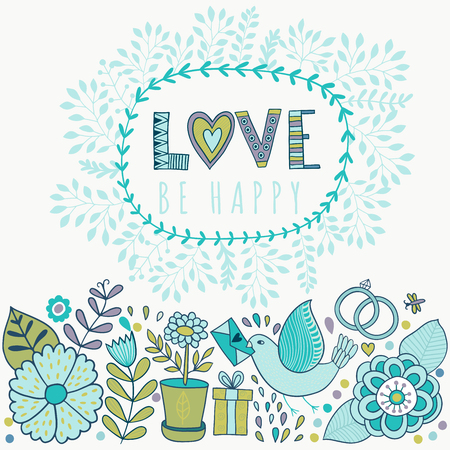 Vector Valentine's Day Greeting card with flowers and birds. Vector romantic  frame with floral elements.のイラスト素材