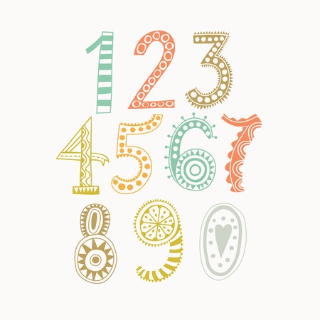 Whimsical hand drawn numbers, from one to zero. Hand-drawn numbers. Vector sketch illustration isolated on white backgroundのイラスト素材
