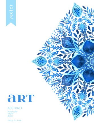Abstract vector floral ornamental border. Lace pattern design. Watercolor ornament on blue background. Vector ornamental border frame. Can be used for Xmas banner, cards, wedding invitations etcのイラスト素材