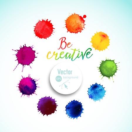 Vector rainbow watercolor blobs. Circle frame of  colorful paint drops, watercolor background,colorful paint drops texture. Vector illustration, stain watercolor. Paints compositionのイラスト素材