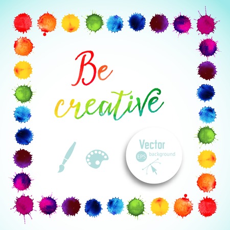 Vector square frame made of watercolor rainbow blobs, colorful paint drops texture. Vector illustration, stain of watercolors. Paints compositionのイラスト素材