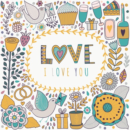 Vector Valentine's Day doodles. Romantic hand drawn elements.のイラスト素材