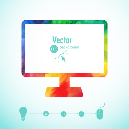 Computer icon. Creativity concept with colorful computer screen. Artist at work. Symbol of visual art. Vector illustration. Watercolor silhouette of computer screen. Computer painting.のイラスト素材