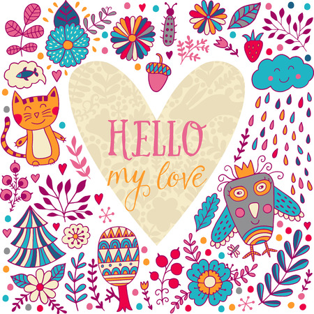 Floral heart frame. Heart made of flowers. Doodle Heart. Valentines day card, animal and flowers doodlesのイラスト素材