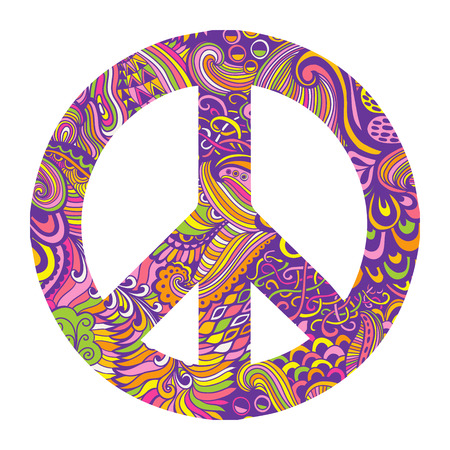 Vector pacifism sign. Hippie style ornamental background. Love and peace, hand-drawn doodle background and textures. Colorful peace symbol on white background. Retro 1960s, 60s, 70s.のイラスト素材