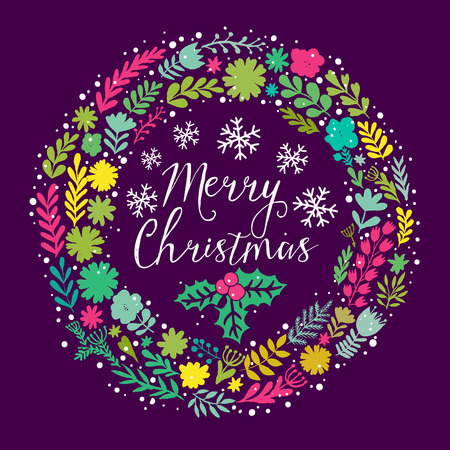 Vector circular floral wreaths with summer flowers and central white copyspace for your text. Vector handdrawn sketch of wreath with flowers. Merry Christmas design.のイラスト素材