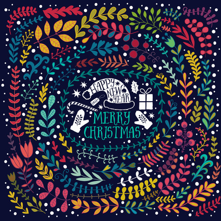 Merry Christmass vector greetings illustration. Colorful leaf design, Happy new year card.のイラスト素材