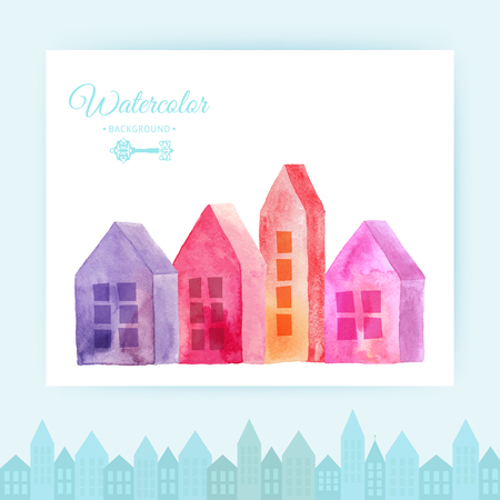 Watercolor houses, city painted with splashes of watercolor drops streaks landmarks.のイラスト素材