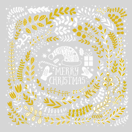 Merry Christmas vector greetings illustration. Colorful leaf design, Happy new year card frame.のイラスト素材