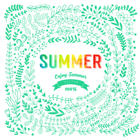 Set of colorful watercolor flowers. Vector illustration frame, vector set of red autumn watercolor leaves and berries, hand drawn design elementsのイラスト素材