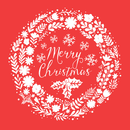 Vector circular floral wreaths with summer flowers and central white copyspace for your text. Vector handdrawn sketch of wreath with flowers. Merry Christmas design.のイラスト素材