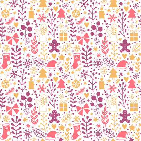 Merry Christmas seamless pattern, Happy New Year background, wrapping paper texture, silhouette.Classic elements Christmas pattern winter background. Holidays icons.の写真素材