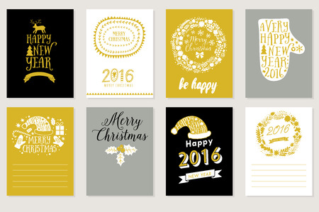 Collection of 8 Christmas cards. Merry Christmas, Happy New Year labels. Vector illustration template for greeting scrapbooking, congratulations, invitations. Design set for winter holidays .のイラスト素材