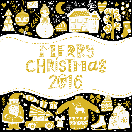 Christmas greeting card template, vector Merry Christmas. Winter holiday design, frame wreath design made of childish doodles: Santa, houses, deer, winter forest, mittens, snowmanのイラスト素材