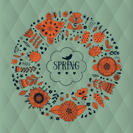 Wreath vector illustration made of flowers and herbs. Vector decorative circle frame. Spring elements. Floral doodles wreath.  Invitation or greeting card design.のイラスト素材