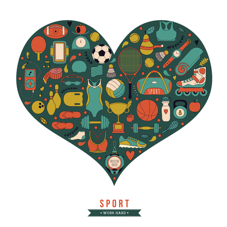 Vector handdrawn  illustration set of fitness and sport elements and symbol in doodle style. Healthy lifestyle background made of sport icons in heart shapeのイラスト素材