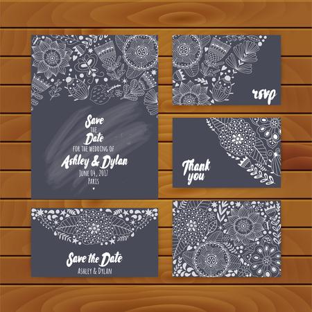 Wedding Invitation Template. Invitation, envelope, thank you card, save the date cards. Wedding set. RSVP card. Marriage event. Valentine Day cardsのイラスト素材