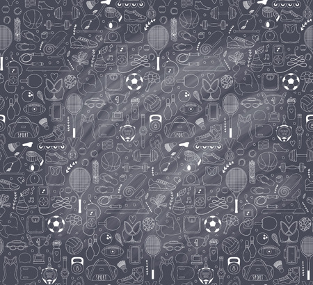 Doodle sports elements. Vector illustration with fitness icons in handdrawn style.  Sport and fitness seamless doodle patternのイラスト素材