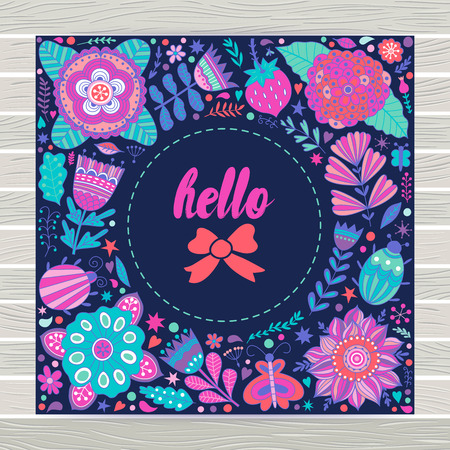 Wreath illustration made of flowers and herbs. Vector decorative frame and leaf. Spring elements. Floral doodles wreath. Invitation or greeting card design.のイラスト素材