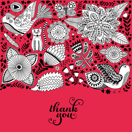 Floral card design, flowers and leaf doodle elements. Illustration made of flowers and herbs. Vector decorative invitation. Spring elements. Floral doodlesのイラスト素材