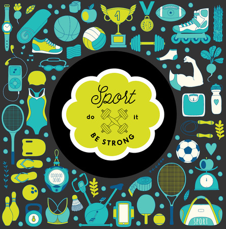 Vector handdrawn  frame, wreath made of fitness and sport elements in doodle style. Healthy lifestyle background made of sport iconsのイラスト素材