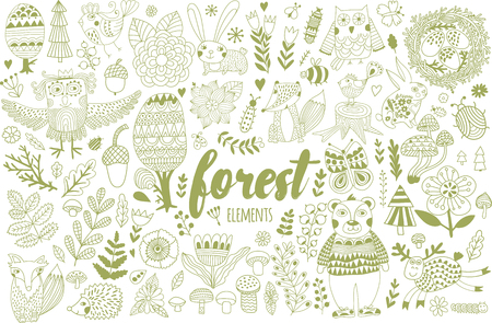 Vector forest elements in doodle childish styleのイラスト素材