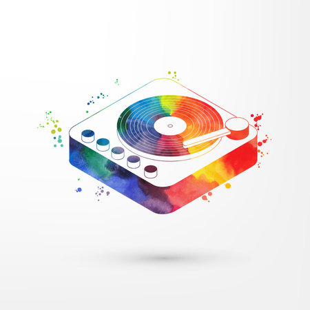 Vector illustration of isometric watercolorp vinyl player with a vinyl disk , rainbow paints. Old fashion vintage playerのイラスト素材
