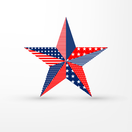 Five-pointed star on white background with USA flag pattern, can be used for American holidays decoration, star in national flag colors vector illustration.のイラスト素材