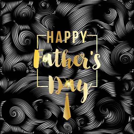 Happy Fathers Day vector greeting card. Gold message on black abstract backdrop. Vinil or oil waves, Striped background abstract hand-drawn waves texture, wavy background. Modern template with waves looks like tangled tape.のイラスト素材