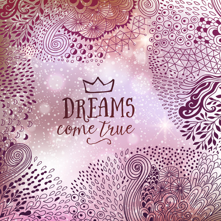 Abstract decoration, invitation card with ornate detailed doodle ornament. Template frame design for card. Useful for packaging, invitations, decoration, bag template, etcのイラスト素材