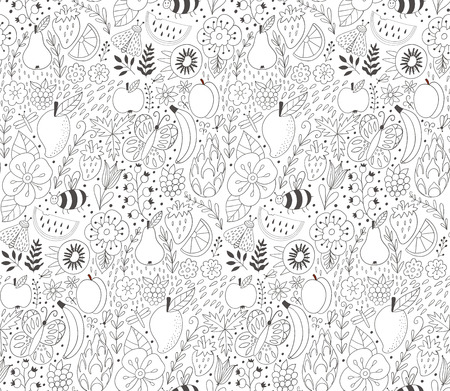 Fruit doodles seamless vector pattern. Hand drawn summer backdrop with fruit. - Vectorのイラスト素材