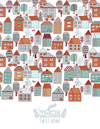 City scard design in line art style - landscape with houses. Isolated vector illustration of beautiful cityscape for property banner, real estateor card.のイラスト素材