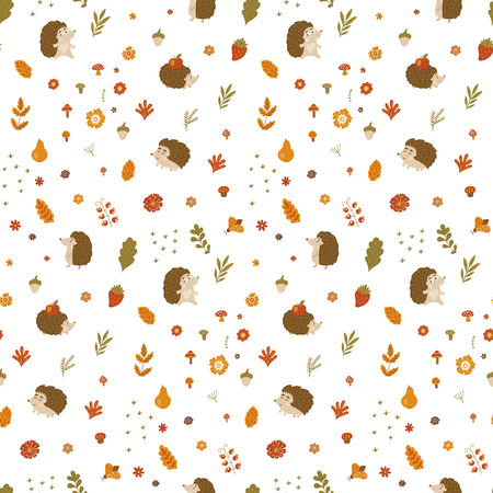 Forest seamless pattern with cute hedgehog, flowers, butterflies. Vector kids illustration, natural backdrop in children style.の写真素材