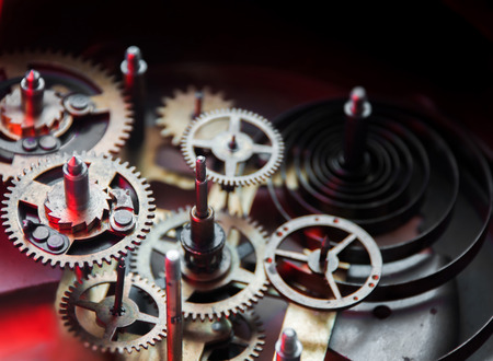 Close view of old clock mechanism with gears and cogs. Conceptual photo for your successful business design. Copy space included.の写真素材