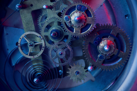 Close view of old clock mechanism with gears and cogs. Conceptual photo for your successful business design. Copy space included.の写真素材