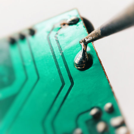 soldering contact on a printed circuit board, isolated image on a white background, macro shooting.