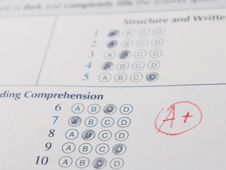 Close-up photograph of a perfect grade on a scantron test.の写真素材