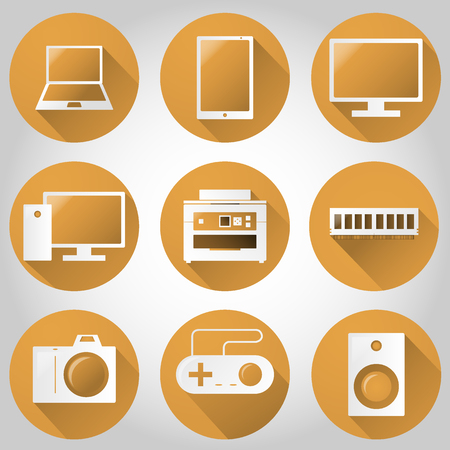 Technology, Computer, Electronic devices and multimedia Web-colorful Flat Icon design. Template elements for Web and Mobile Applications in orange color. The ideal solution for online stores selling Computers and Office Equipment.のイラスト素材