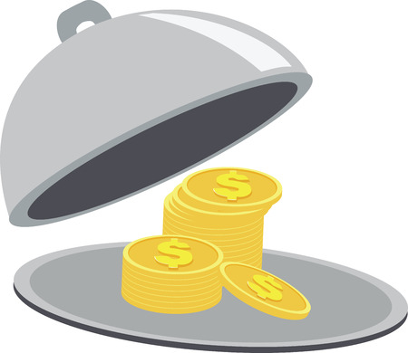 Business signs on restaurant cloche for your design. Stack of gold coins. Vector illustrationのイラスト素材