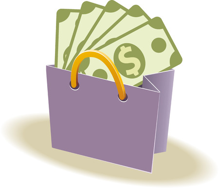 Paper shopping bag with paper handles. Dollars inside. Vector illustration for your designのイラスト素材