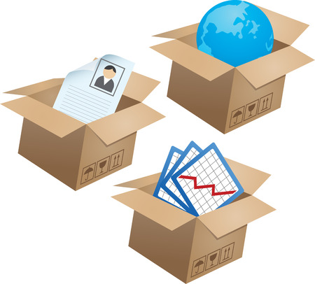 Set of business objects in carton boxes. Planet Earth, form and graphs with business data. For business icons or other design. Vector illustrationのイラスト素材