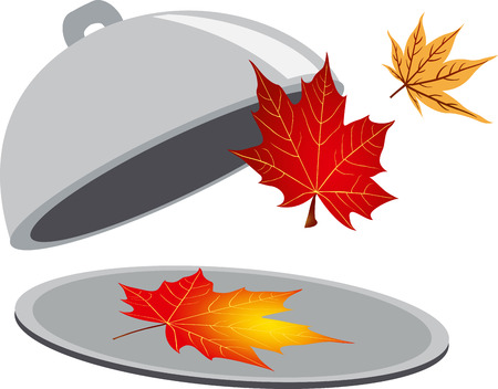 Red maple leaves in restaurant cloche. For business icons or natural design. Vector illustrationのイラスト素材