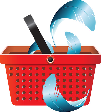 Blue bird feathers fly from open red shop basket. For business icons or other design.のイラスト素材