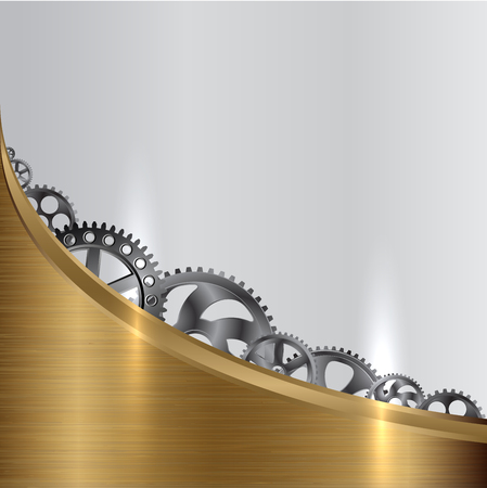 Abstract metallic background with metal plate and gears. Illustration of mechanical or industry elements for your infographic, industry, business design. Detailed vector clip art with editable colorsのイラスト素材