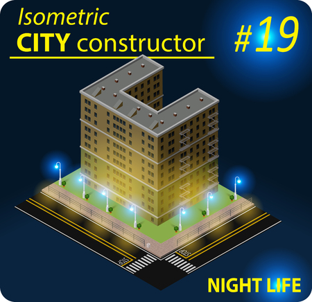 Modern isometric building in night lightのイラスト素材