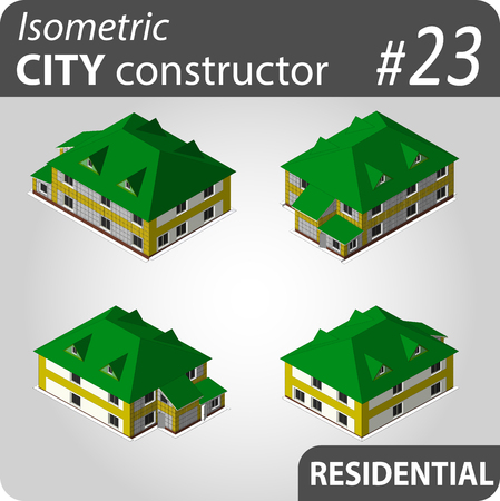 Isometric residential buildings. Illustration of urban or rural houses and dwellings. For your infographic, city, map or business design. Detailed vector clip art with easy editable colors.のイラスト素材