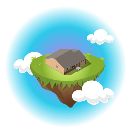 Isometric residential building on flying island in sky with white clouds. Illustration of houses in simple design. For infographic, city, map, business design. Detailed vector art with editable colorsのイラスト素材